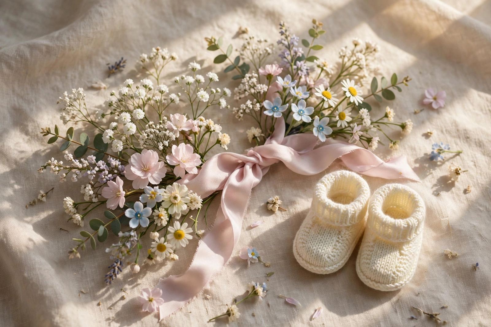 Pastel flowers, a silk ribbon and knitted baby booties
