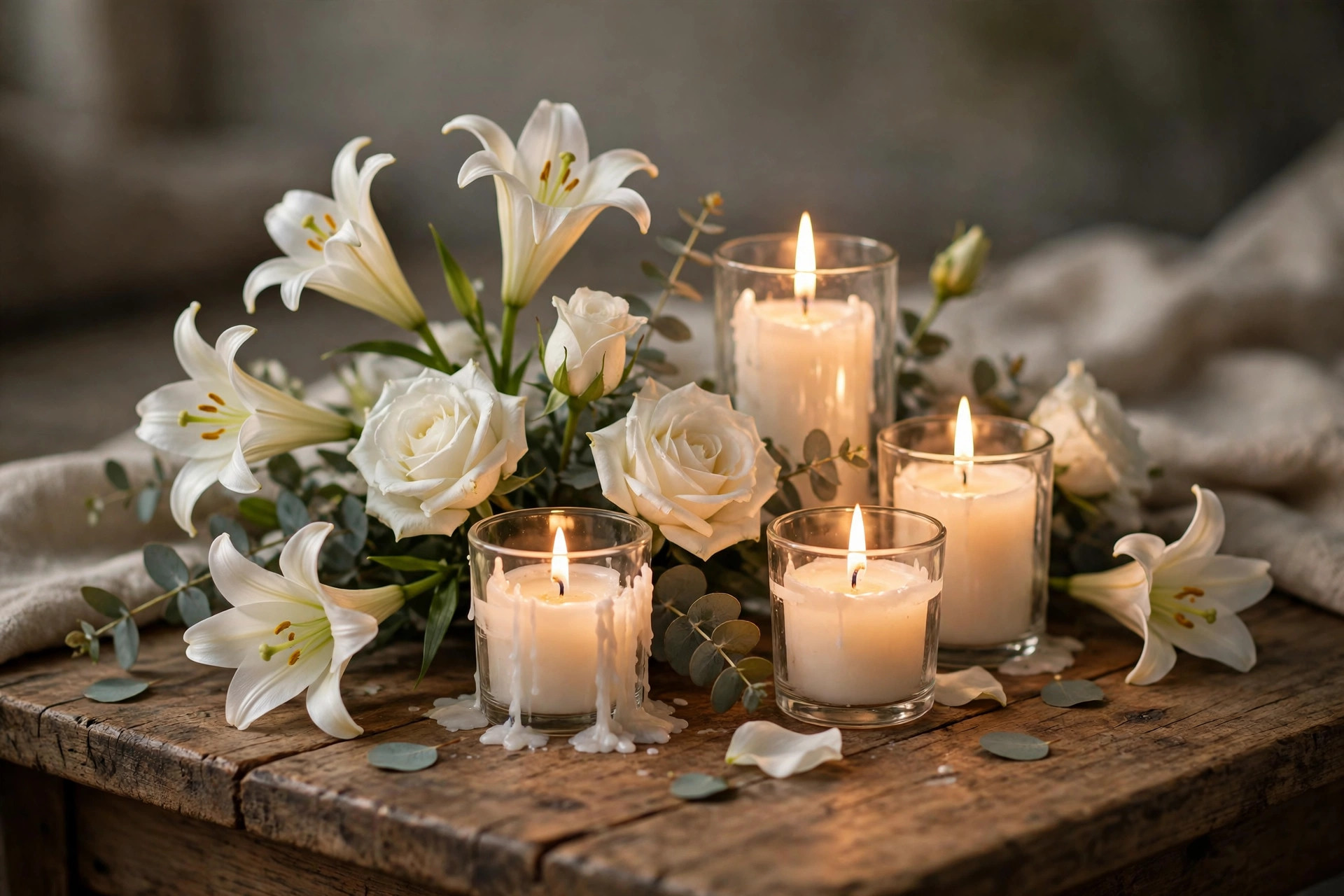 White lilies, roses and candles in a memorial arrangement