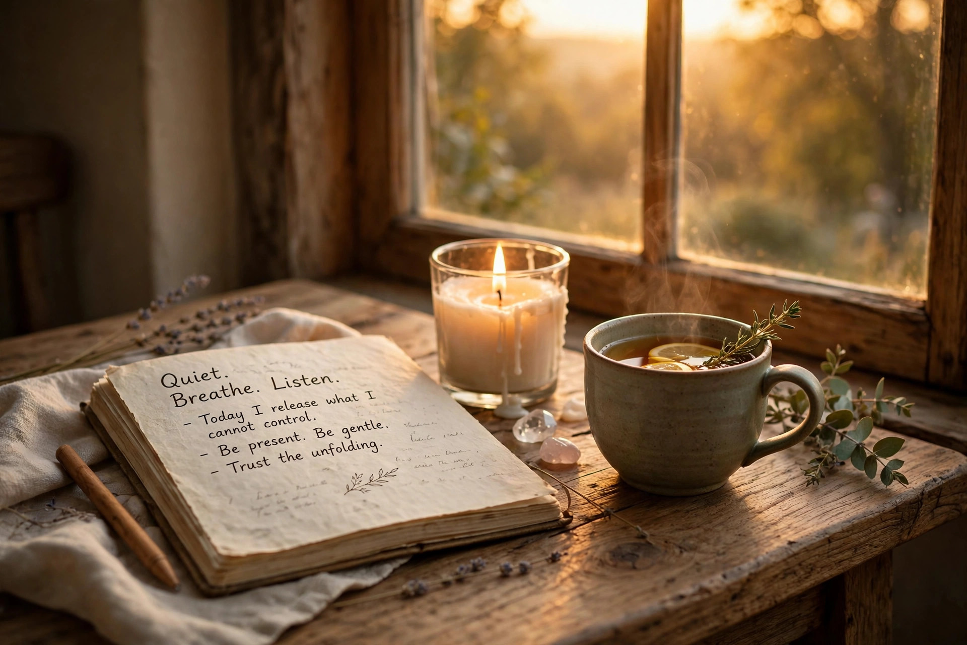 A journal, candle and tea beside a window at golden hour
