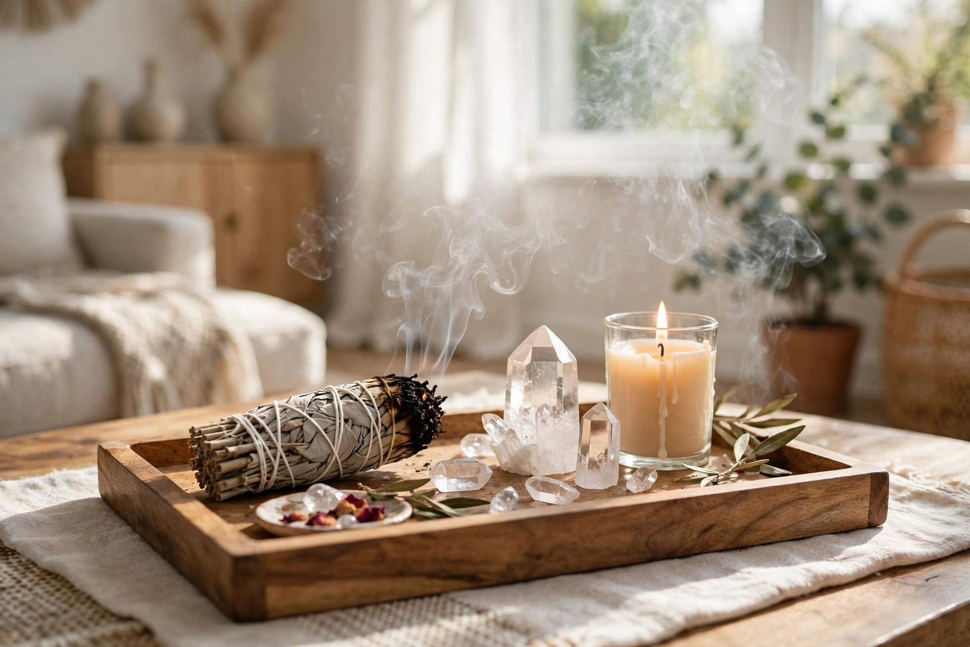 A sage bundle, quartz crystals and a candle on a wooden tray