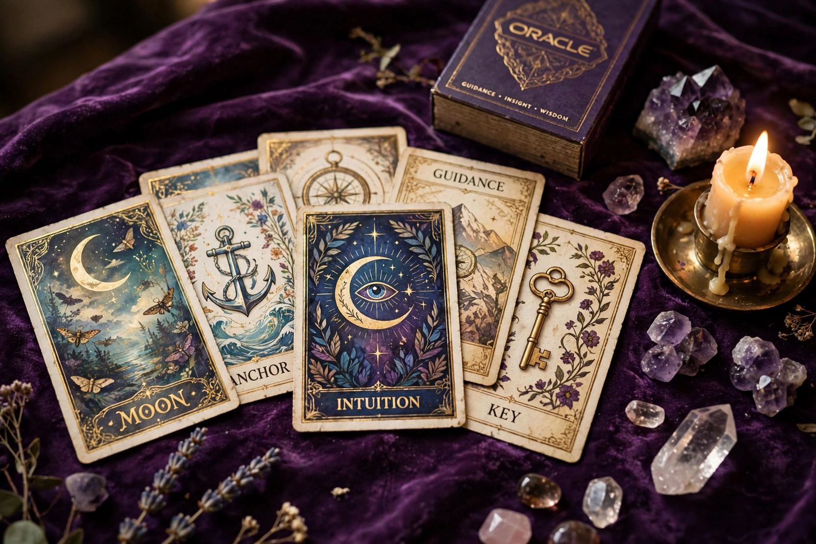 Oracle cards, crystals and a candle on purple velvet