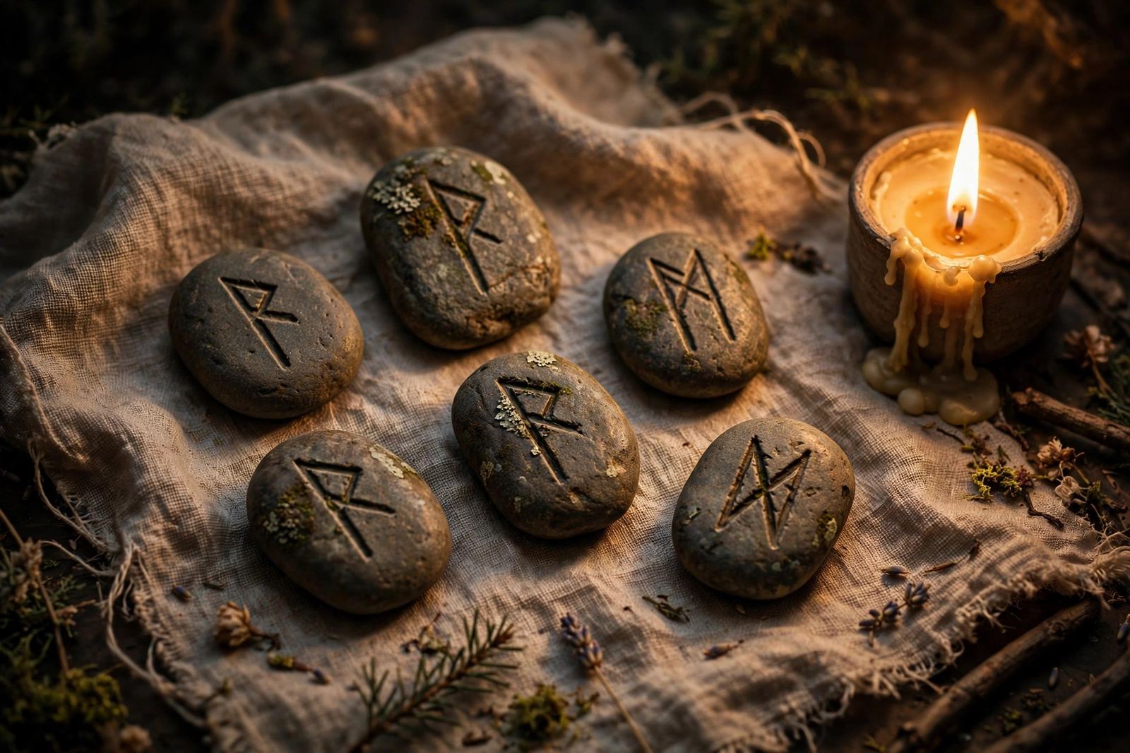 Carved rune stones on linen beside a candle